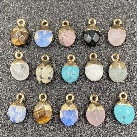 Faceted Oval Natural Stone Pendant Gold Plated Edge Small Gemstone Charms For DIY Necklace Bracelet Jewelry Making Women Accessory