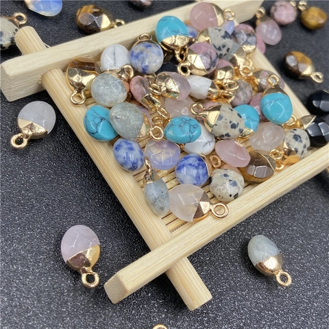 Faceted Oval Natural Stone Pendant Gold Plated Edge Small Gemstone Charms For DIY Necklace Bracelet Jewelry Making Women Accessory