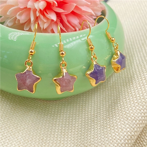 Natural Stone Star Dangle Earrings Gold Plated Amethyst Strawberry Quartz Star Drop Earrings For Women Elegant Jewelry Gift