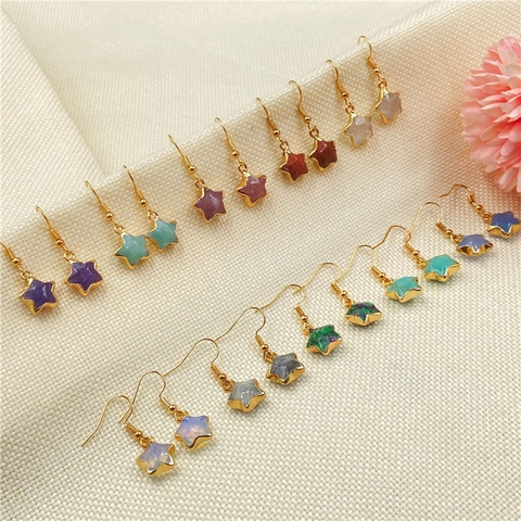 Natural Stone Star Dangle Earrings Gold Plated Amethyst Strawberry Quartz Star Drop Earrings For Women Elegant Jewelry Gift
