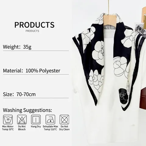 Carré de Soie Imprimé Floral Camélia pour Femme Toucher Satiné Élégant Foulard de Cou et Tête Accessoire Cheveux Mode