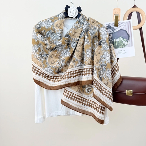 Women Vintage Paisley Houndstooth Print Scarf Polyester Lightweight Floral Shawl Wrap Scarf For Spring Autumn Accessories
