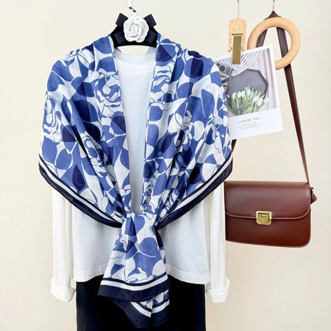 Women Vintage Elegant Polyester Scarf Shawl Blue White Rose Floral Print Striped Border Sunshade Wrap For Daily Travel Gift