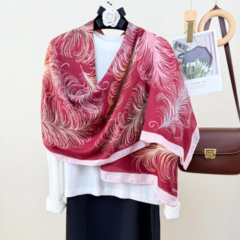 Feather Print Women Elegant Long Scarf Soft Polyester Shawl Wrap Rose Red Vintage Lightweight Large Pashmina Scarf Gift