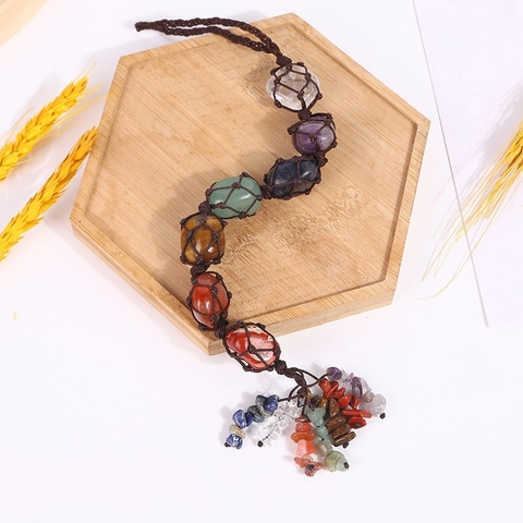 Naturstein Chakra Hängende Dekoration Heilkristall Edelstein Handgewebte Schnur Wanddeko Auto Innenraum Accessoire Bohemian