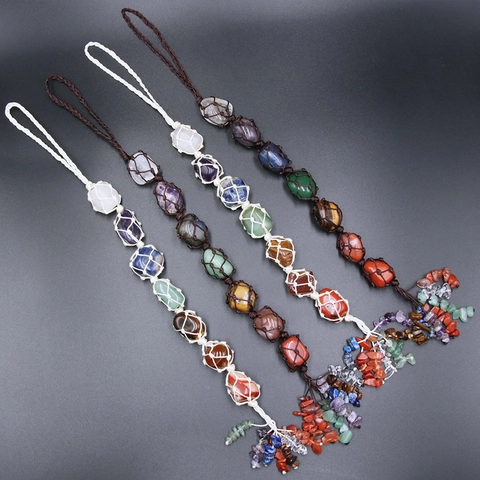 Ornement À Suspendre Pierre Naturelle Chakra Cristal Guérison Gemme Tissé Main Décoration Murale Accessoire Intérieur Voiture Bohème
