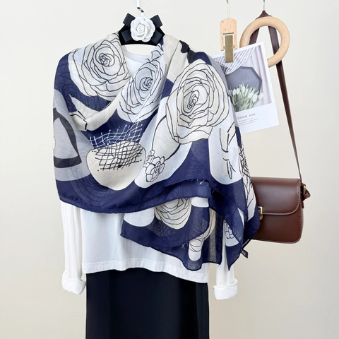 Elegant Floral Print Scarf Lightweight Polyester Shawl For Women Large Long Breathable Wrap Vintage Rose Pattern