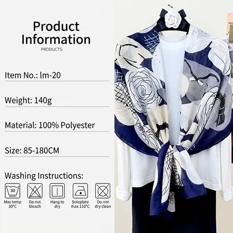 Elegant Floral Print Scarf Lightweight Polyester Shawl For Women Large Long Breathable Wrap Vintage Rose Pattern