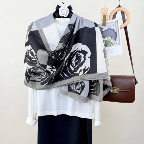 Vintage Rose Floral Print Scarf Large Shawl Wrap Elegant French Style Long Lightweight Polyester Accessory For Women