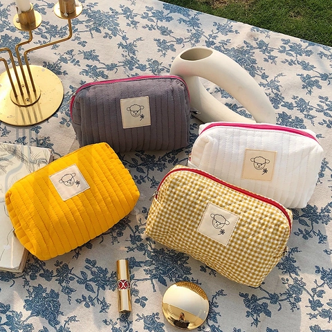 Quilted Cotton Corduroy Cosmetic Bag Portable Travel Makeup Organizer Zipper Pouch Hand Strap Vintage Sweet For Women