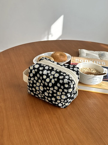 Borsa Da Toilette Con Stampa Floreale Margherite Grande Capacità Cotone Tela Organizzatore Trucco Con Cerniera Manico Per Viaggi