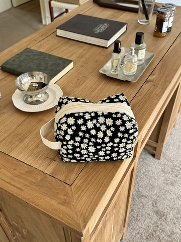 Borsa Da Toilette Con Stampa Floreale Margherite Grande Capacità Cotone Tela Organizzatore Trucco Con Cerniera Manico Per Viaggi