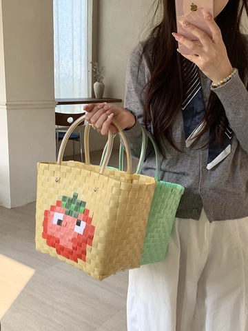 Hand Woven PVC Tote Bag Pixel Carrot Tomato Pattern Large Capacity Beach Picnic Handbag With Transparent Double Handles Women