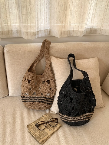 Paper Straw Woven Shoulder Bag Hollow Out Crochet Flower Tote Summer Beach Vacation Retro Bohemian Casual Handbag