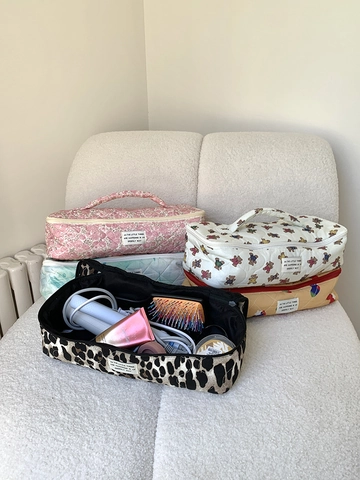 Bolsa de Cosméticos de Algodón Acolchado de Gran Capacidad Organizador de Secador de Pelo Portátil Estuche de Maquillaje Mujer Floral Leopardo