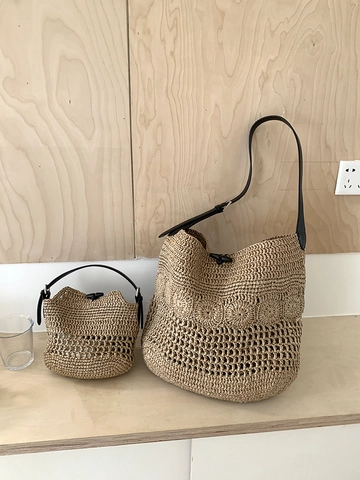 Bohemian PP Stroh Gewebte Tragetasche Für Damen Große Kapazität Ausschnitt Blumenmuster Schultertasche Mit PU Lederriemen