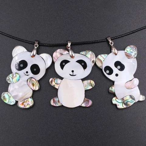 Natural White Mother Of Pearl Abalone Shell Panda Bear Pendant Necklace Cartoon Animal Splicing Charm With Black Wax Cord Jewelry
