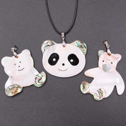 Natural White Mother Of Pearl Abalone Shell Panda Bear Pendant Necklace Cartoon Animal Splicing Charm With Black Wax Cord Jewelry