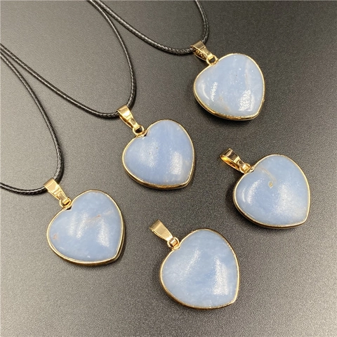 Collana Pendente Cuore Angelite Pietra Naturale Metallo Dorato Avvolto Cordino Nero Gioielli Regalo Donne Vintage