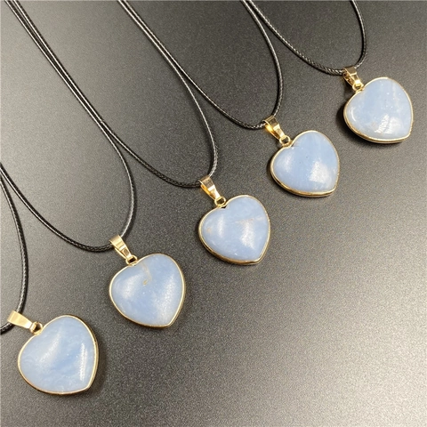 Collana Pendente Cuore Angelite Pietra Naturale Metallo Dorato Avvolto Cordino Nero Gioielli Regalo Donne Vintage