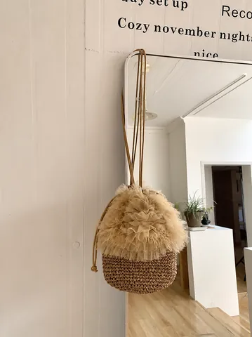 Fairy Style Mesh Lace Ruffle Straw Bucket Bag For Women Hand-woven Paper Straw Drawstring Shoulder Bag Summer Vacation Top