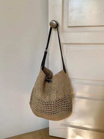 Bohemian PP Stroh Gewebte Tragetasche Für Damen Große Kapazität Ausschnitt Blumenmuster Schultertasche Mit PU Lederriemen