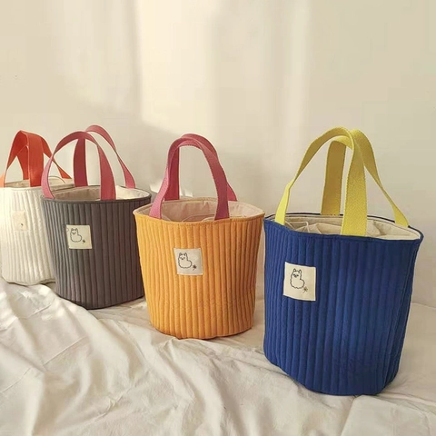 Quilted Cotton Bucket Bag Drawstring Contrast Color Handheld Crossbody Casual Japanese Style Women Alpaca Patch