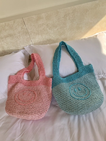 Handwoven Straw Tote Bag Bohemian Crochet Handbag With Smiley Face For Beach Vacation Casual Style Women