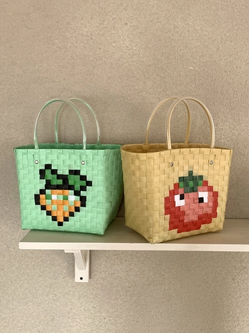 Hand Woven PVC Tote Bag Pixel Carrot Tomato Pattern Large Capacity Beach Picnic Handbag With Transparent Double Handles Women