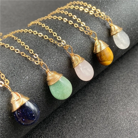 Natural Stone Water Drop Pendant Necklace Handmade Wire Wrapped Crystal Teardrop Necklace For Women Fashion Jewelry Gift