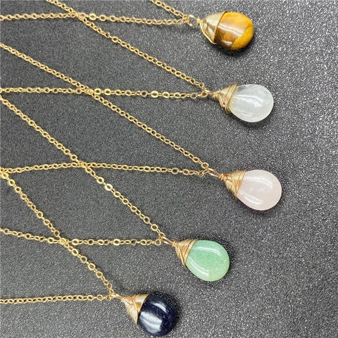 Natural Stone Water Drop Pendant Necklace Handmade Wire Wrapped Crystal Teardrop Necklace For Women Fashion Jewelry Gift