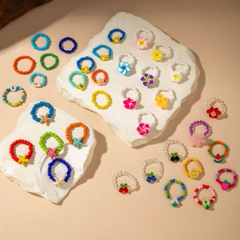 Beaded Ring Colorful Resin Fruit Flower Starfish Charms Elastic Summer Beach Jewelry For Women Girls Boho Dopamine Accessory