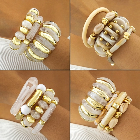 Mode Acryl Harz Perlen Armband Armreif Für Frauen Retro Unregelmäßige Marmor Muster Legierung Elastisch Stapelbar