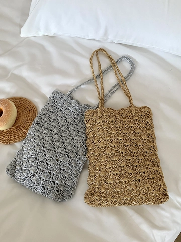 Handmade Crochet Shoulder Bag For Women Gold Silver Polyester Woven Hollow Out Shell Pattern Bohemian Casual Tote Travel Bag