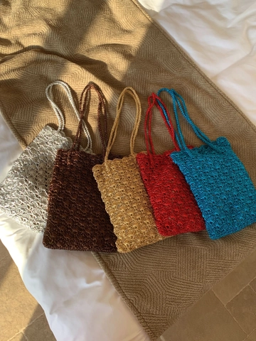 Handmade Crochet Shoulder Bag For Women Gold Silver Polyester Woven Hollow Out Shell Pattern Bohemian Casual Tote Travel Bag
