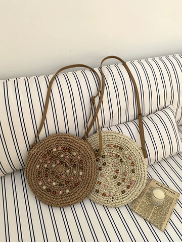 Round Straw Crossbody Bag Handmade Woven Paper Beach Vacation Bohemian Style With Colored Beaded Spiral For Women