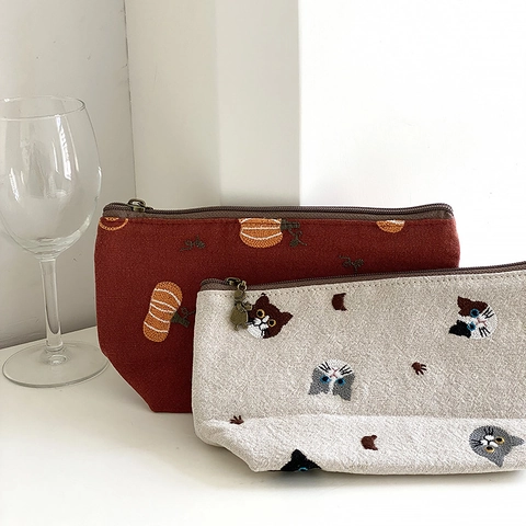 Borsa Trucco Ricamata Portatile Cotone Lino Organizzatore Cosmetico Cerniera Astuccio Da Viaggio Vintage