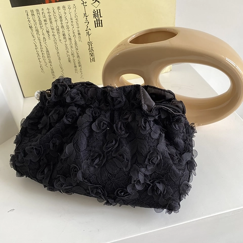 3D Floral Lace Makeup Bag Portable Cosmetic Organizer With Artificial Pearl Zipper Elegant Evening Clutch For Women