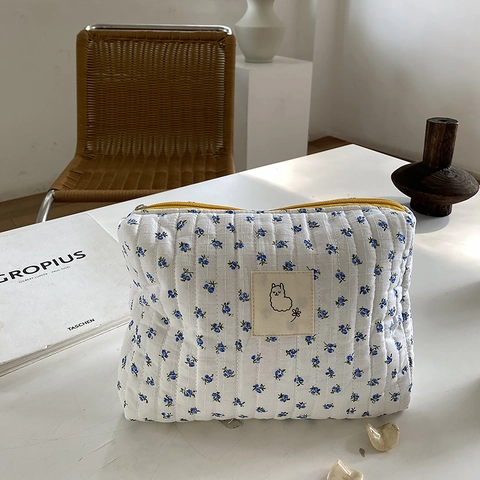 Borsa Per Cosmetici In Cotone Trapuntato Stampa Floreale Ciliegia Pochette Da Trucco Con Toppa Alpaca Chiusura Lampo Portatile Per Donna