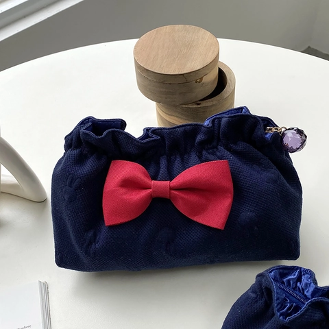 Trousse De Toilette Nœud Coton Tricoté Texture Gaufre Plissée Pochette De Maquillage Motif Cœur Lapin Organisateur Voyage Femmes