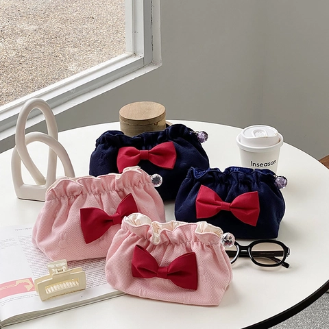 Trousse De Toilette Nœud Coton Tricoté Texture Gaufre Plissée Pochette De Maquillage Motif Cœur Lapin Organisateur Voyage Femmes
