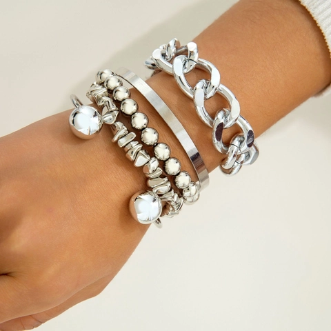 Mode Silberfarbenes Metall Eisen Legierung Geschichtet Beaded Armband Und Panzerkette Und Flacher Armreif Für Unisex