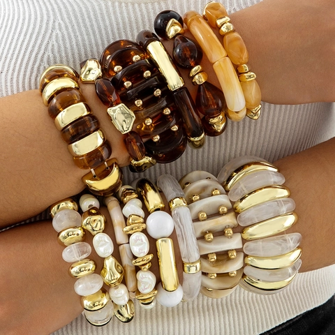 Vintage Acrylic Gold Plated Alloy Bangle Bracelet Amber Marble Texture Geometric Bold Fashion Jewelry For Women Party Daily