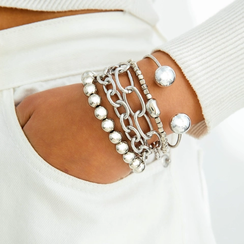 Chunky Chain Beaded Bracelet And Open Cuff Bangle Silver Colored Metal Multi Layer Punk Hip Hop Geometric Jewelry For Women Men
