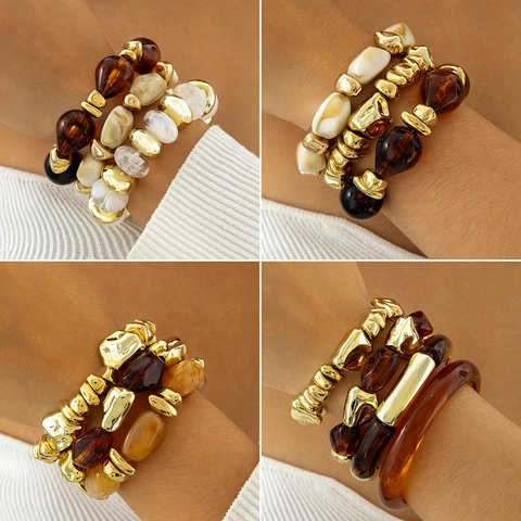 Bracciale Perline Irregolari Acrilico Resina Lega Tono Oro Retro Vintage Geometrico Multistrato Gioielli Donna