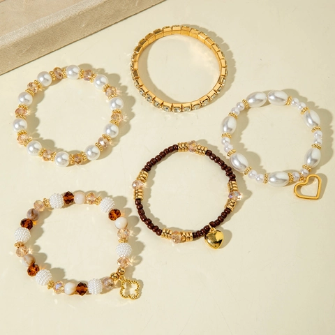 Bracciali Di Perline Bohemien Perla Artificiale Vetro Cristallo Lega Strass Cuore Quadrifoglio Gioielli Multistrato Donna