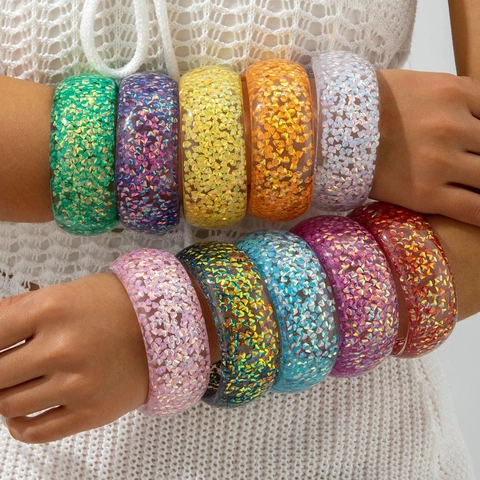 Resin Bangle Bracelet Colorful Transparent Holographic Glitter Sequin Wide Wristband Jewelry For Women Dopamine Style