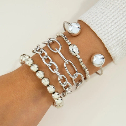 Chunky Chain Beaded Bracelet And Open Cuff Bangle Silver Colored Metal Multi Layer Punk Hip Hop Geometric Jewelry For Women Men