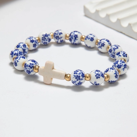Bracciale Di Perline Ceramica Porcellana Blu Bianco Floreale Lettere Love Ciondolo Croce Perla Artificial Distanziatore Oro Donne