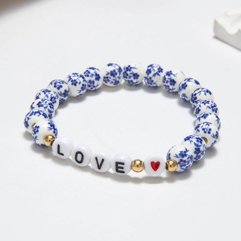 Bracciale Di Perline Ceramica Porcellana Blu Bianco Floreale Lettere Love Ciondolo Croce Perla Artificial Distanziatore Oro Donne
